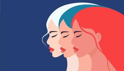 Russian girls close up. Women's hair is dyed in the colors of the Russian flag. Vector female characters. For peace and freedom. Cartoon isolated illustration in flat design. Free space for text.