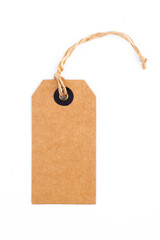 craft paper blank tag mockup with textile thread isolated on white background