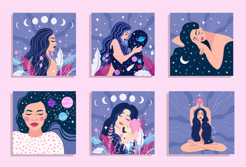 Spiritual girl, space love. dream, thought and meditation concept. vector cards collection - obrazy, fototapety, plakaty