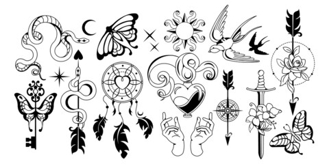 Silhouette set of magic and celestial symbols. Mystical signs, prints, stickers. Vector graphic illustration of crescent moon, dream catcher, sun, stars. Esoteric aesthetics. - obrazy, fototapety, plakaty