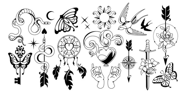 Silhouette set of magic and celestial symbols. Mystical signs, prints, stickers. Vector graphic illustration of crescent moon, dream catcher, sun, stars. Esoteric aesthetics.