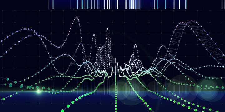 Abstract technology background with wireframe graph from dotted on dark. Visual presentation of analytics data algorithms. Banner for business, science and technology. Big Data.
