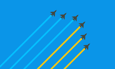Military aviation in the blue sky. Jet planes and air show smoke display with Ukrainian flag colors. Airshow in the sky.