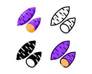 Sweet potato icon. With outline, glyph, filled outline and flat styles