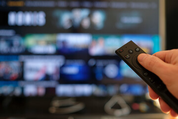 Remote control and screen - binge watching the favorite TV show