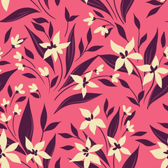 Simple botanical background design with small flower bouquets. Liberty composition of flowers, leaves, twigs on a pink field. Seamless floral pattern, vector illustration.