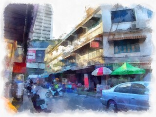 Landscape of old buildings in Bangkok watercolor style illustration impressionist painting.