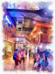Obraz premium The interior landscape of the shopping district and the people watercolor style illustration impressionist painting.