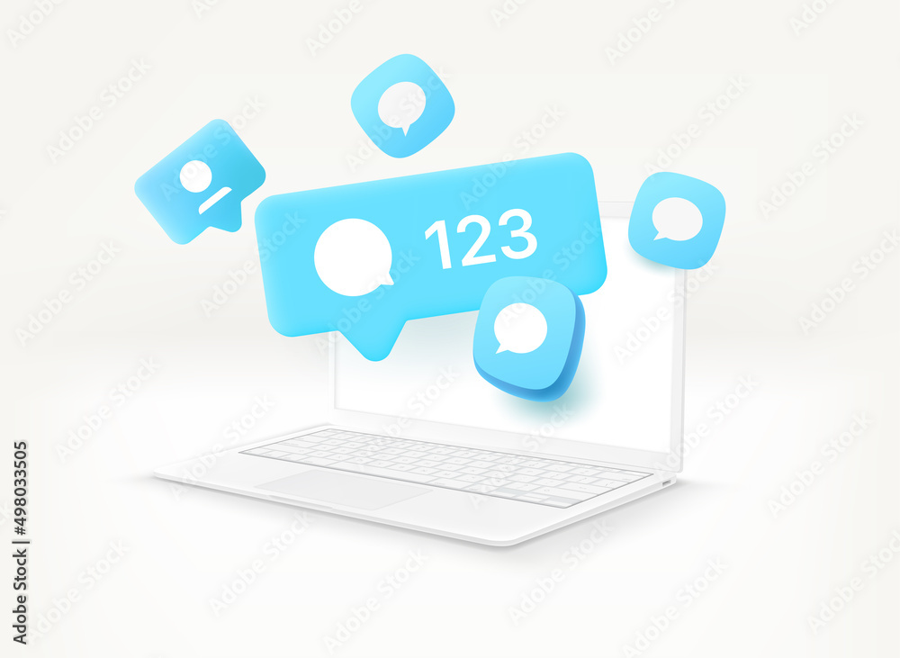 Aufkleber using social media network communication via modern laptop. 3d vector illustration