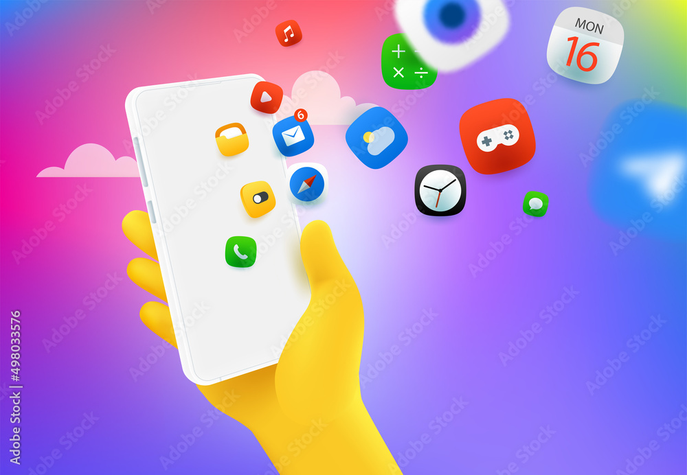 Poster Using mobile applications via modern smartphone. Vector concept
