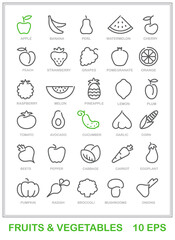 Linear simple icons of vegetables and fruits. Vector icons