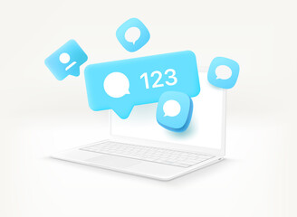 Using social media network communication via modern laptop. 3d vector illustration