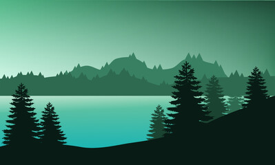 Vector landscape with silhouettes of mountains, trees and lake. Beautiful green landscape. 