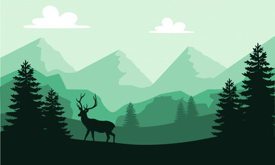Vector landscape with silhouettes of mountains, trees and deer with green colors.