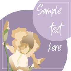 Vector card template with yellow iris flowers and purple circles, copy space included