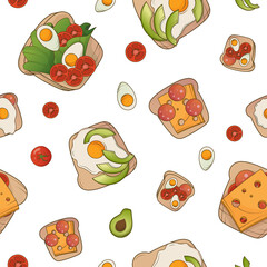 Vector seamless pattern from  sandwiches with egg, cheese, avocado. Bright illustration perfect for tablecloth, fabric, wrapping paper, website, card, decoration of menu, cafe. In cartoon style