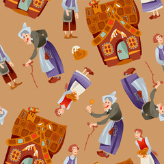 The witch, brother, sister and gingerbread house. Сharacters of a German fairy tale “Hansel and Gretel”. Seamless background pattern.