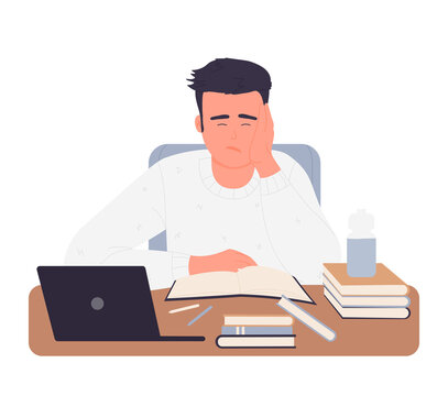 Bored studying male teenager. Tired pupil reading a book at desk isolated illustration