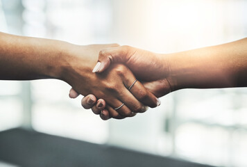 When you find yourself a good deal, take it. Closeup shot of two unrecognizable businesswomen shaking hands while standing in a modern workplace.