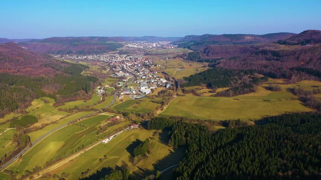 Aerial view around the city Albstadt in Germany in the black forest on a sunny day in early spring.