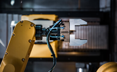Robotic Arm modern industrial technology. Automated production cell.