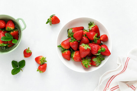 Strawberry On White Background, Top View, Flat Lay