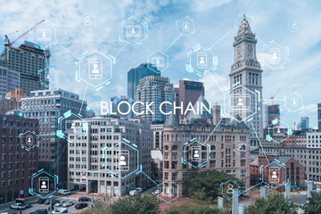 Panoramic picturesque financial downtown city view of Boston from Harbour area at day time, Massachusetts. technological and educational center. Blockchain and cryptography concept, hologram