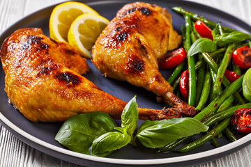 juicy roast chicken legs with green beans salad