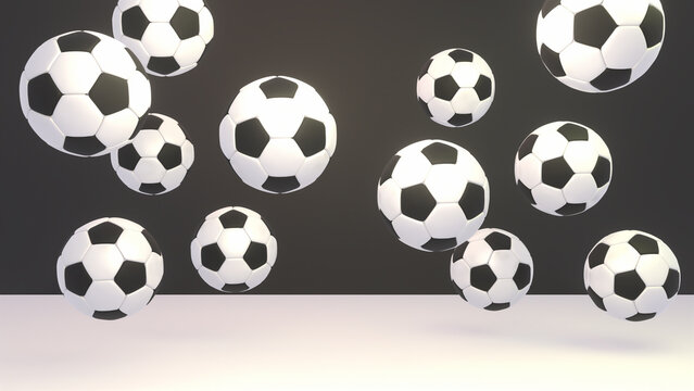 3d rendered soccer balls in the air. 