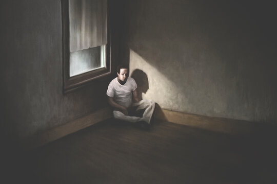 Illustration of lonely sad man sitting
on the floor, abstract emotional concept
