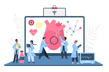 Medical research of cardiovascular health by tiny doctors in clinic. Man and woman control patients heart with magnifying glass on hospital checkup flat vector illustration. Cardiology concept