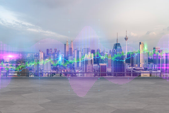Rooftop with concrete terrace, Kuala Lumpur sunset skyline. Forecasting and business modeling of financial markets hologram digital charts. City downtown. Double exposure.