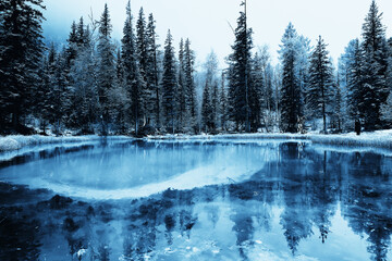 geyser blue lake altai winter landscape, mountain lake thermal spring