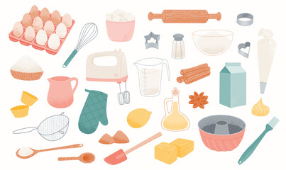 Bakery ingredients icons: baking flour, eggs, butter, cream, sugar and milk. Prepare, cook, pastry products and utensils - obrazy, fototapety, plakaty