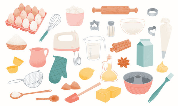 Bakery Ingredients Icons: Baking Flour, Eggs, Butter, Cream, Sugar And Milk. Prepare, Cook, Pastry Products And Utensils