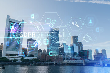 Panorama city view of Boston Harbour at day time, Massachusetts. Building exteriors of financial downtown. GDPR hologram is data protection regulation and privacy for all individuals within EU Area