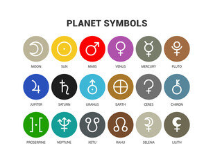 Planet symbols. Mars, venus, mercury and moon. Sun, pluto, jupiter and saturn. Uranus, earth, ceres and chiron. Proserpine, neptune, ketu and rahu. Selena and lilith