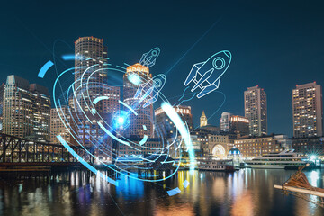 City view panorama of Boston Harbour and Seaport Blvd at night time, Massachusetts. Building exteriors of financial downtown. Startup company, launch project to seek and develop scalable business
