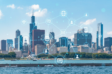 City view, downtown skyscrapers, Chicago skyline panorama over Lake Michigan, harbor area, day time, Illinois, USA. Social media hologram. Concept of networking and establishing new people connections