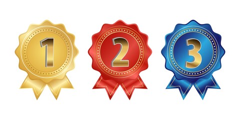 Gold, silver and bronze medals realistic set with ribbons. Winner awards symbols modern concept