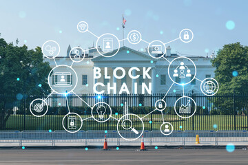 The White House on sunny day, Washington DC, USA. Executive branch. President administration. Decentralized economy. Blockchain, cryptography and cryptocurrency concept, hologram