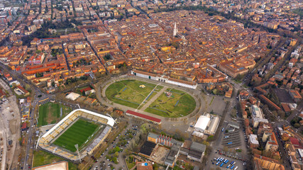 Aerial view on the historic center of Modena and Alberto Braglia stadium. In the center stands the Ghirlandina tower, the symbol of the city.