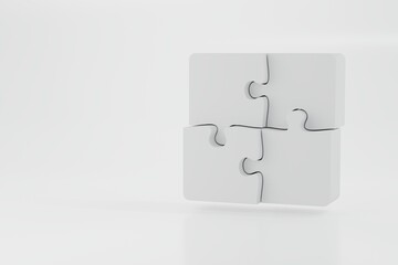 Four pieces of white jigsaw puzzle. Teamwork concept. 3D illustration rendered