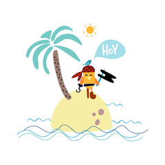 Cute kids pirate print. Hand-drawn funny vector clipart. Pirate bird on an island with a palm tree in the sea. Hoy lettering. Decoration of celebrations, posters, invitations and children's textiles.