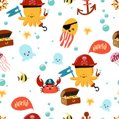 Vector seamless pattern with cute sea pirates. Hand-drawn funny vector pattern. Cute octopus in pirate hats, crabs, jellyfishes, treasure, fish and bubble. Decoration of celebrations
