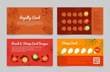 Collection loyalty punch and stamp card engraved autumn leaves design vector illustration