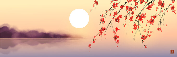 Ink painting of blossoming japanese sakura plum and sunrise sky over the misty river. Traditional oriental ink painting sumi-e, u-sin, go-hua.
