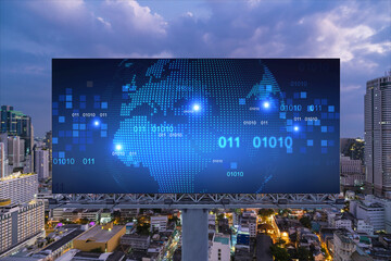 Hologram of Earth planet map on billboard over night panoramic cityscape of Bangkok. The concept of international companies in Southeast Asia.