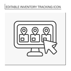 Fototapeta premium Business line icon. Parcels sent by computer. Checking cargo by barcode. Inventory tracking concept. Isolated vector illustration. Editable stroke