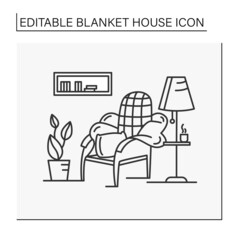 Living room line icon. Comfortable stylish room in house. Cozy lounge zone. Armchair with pillows, floor lamp,houseplant.Blanket house concept. Isolated vector illustration.Editable stroke